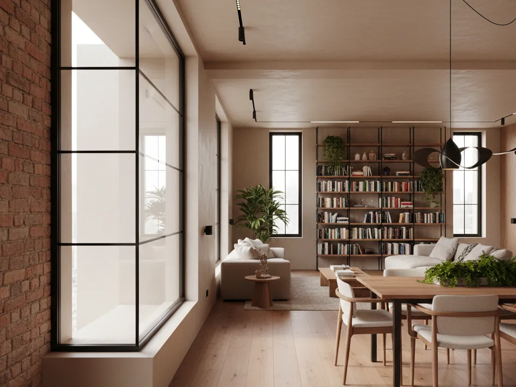 Salón de diseño estilo industrial y biofilico minimalista de tonos claros en sevilla