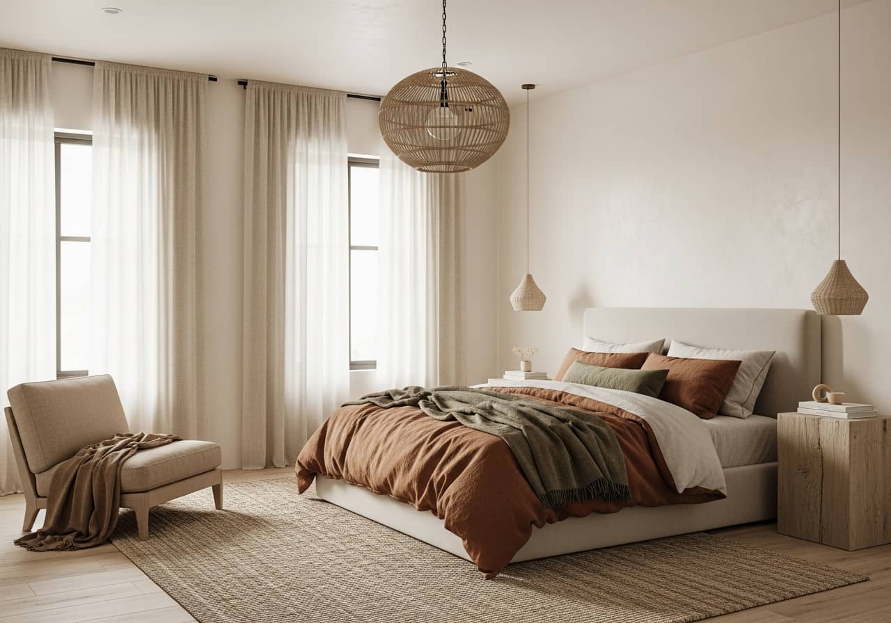 Modern residential interior design, cozy bedroom with warm tones, linen curtains, wooden bedside tables, minimalist decor, Mediterranean style, professional photography