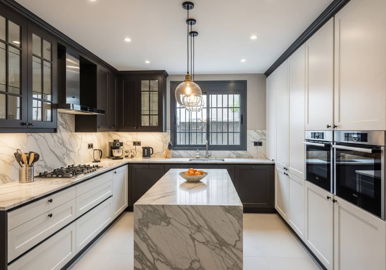 Renovated modern kitchen in Seville, white cabinets, marble countertop, warm lighting, before and after renovation, high impact visual improvement, professional photography