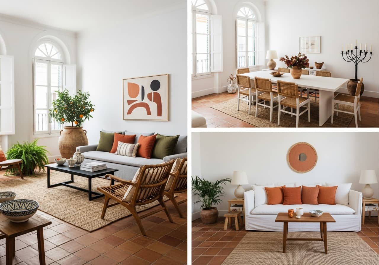 Stylish Airbnb apartment interior in Seville, Andalusian touches with modern design, terracotta accents, white walls, cozy and photogenic, vacation rental photography