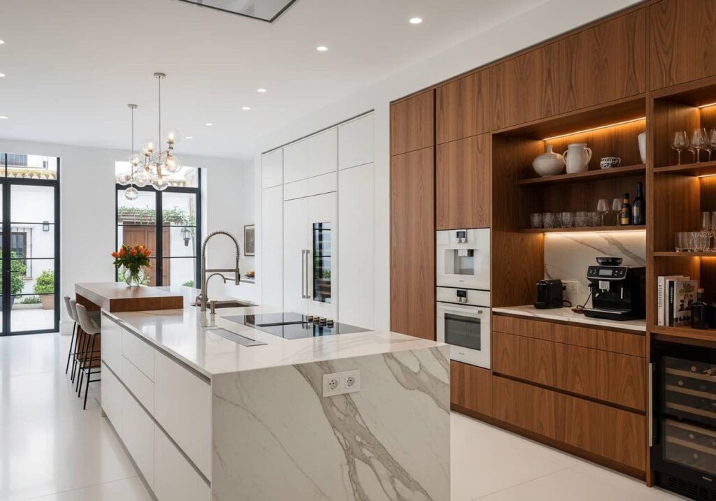 Renovated modern kitchen Seville, white and wood tones, open plan, bright, high-end finishes, professional interior photography
