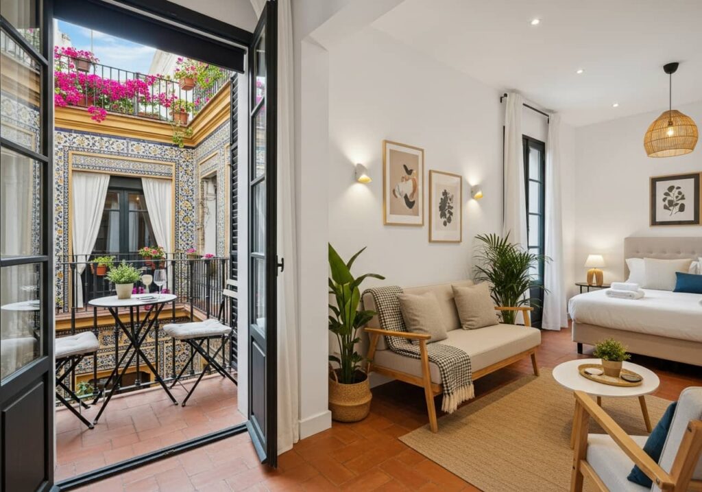 Stylish Airbnb apartment Seville, Andalusian patio view, terracotta tiles, white walls, modern furniture, cozy and photogenic, vacation rental interior